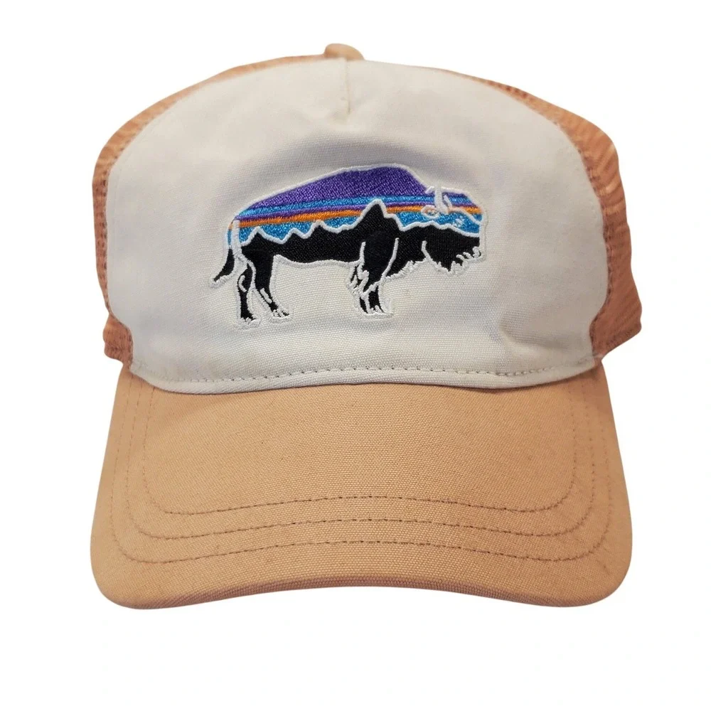 Patagonia Fitz Roy Bison Trucker Hat Tan Beige Mesh‎ Snapback Cap All Size
